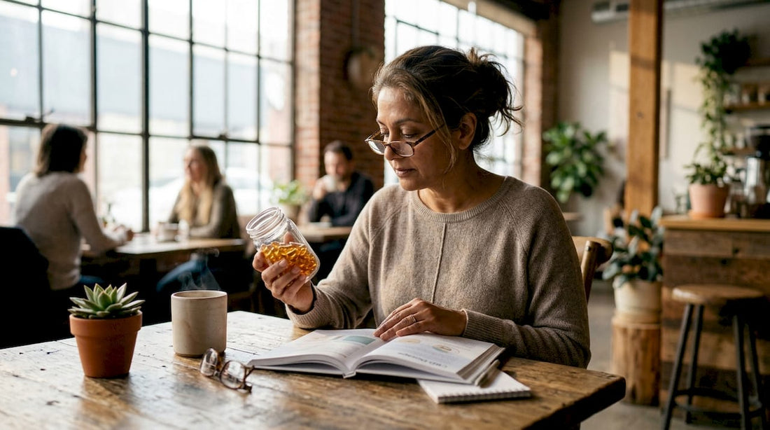 Woman examining CBD soft gels at home table