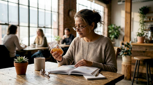 Woman examining CBD soft gels at home table