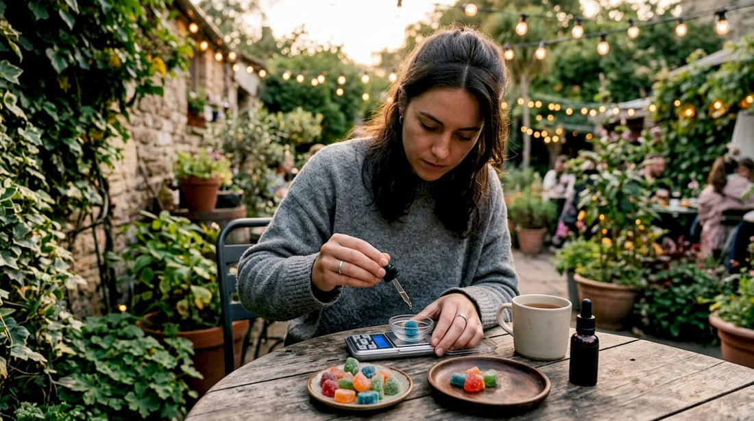 Woman measuring CBD gummy dosage at kitchen island