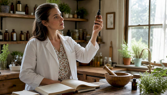 Pharmacist inspecting hemp oil bottle in apothecary