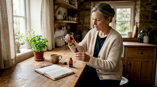Woman preparing CBD oil dropper at table