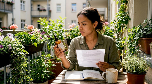 Woman reading hemp lotion label with drug test sheet