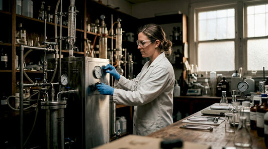 Technician adjusting CO2 wax extraction machinery