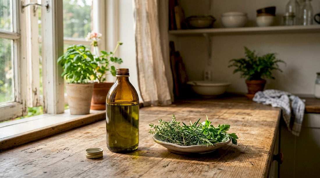 Opened hemp oil bottle in refrigerator
