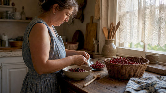 Home cook sorting fresh cherries in kitchen