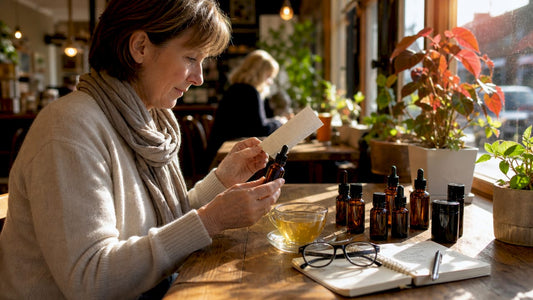 Person comparing CBD products at home table