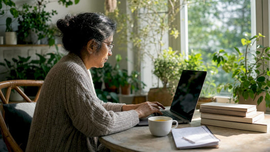 Woman browsing health websites at kitchen table