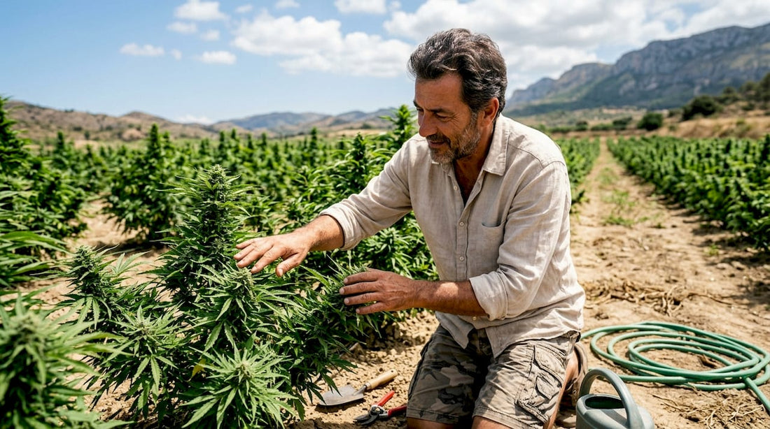Outdoor cannabis field with worker inspecting plants at sunrise