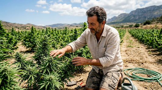 Outdoor cannabis field with worker inspecting plants at sunrise