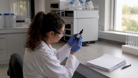 Technician examining organic CBD drops in lab