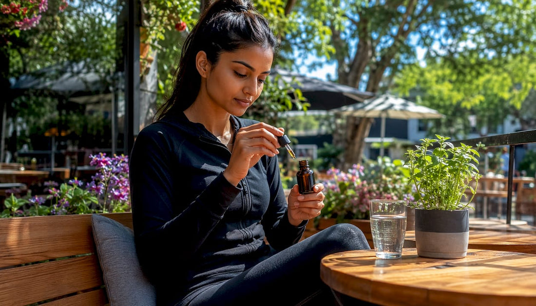 Woman preparing CBD oil dose for energy balance