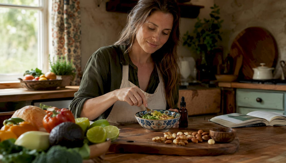 Nutritionist preparing meal with CBD nearby