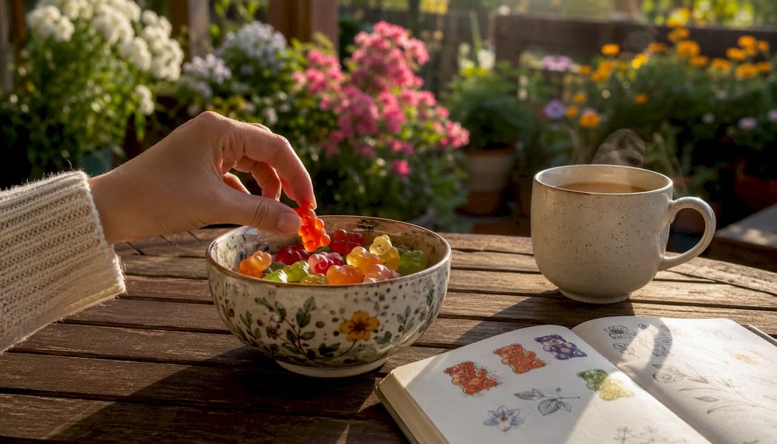 Hand selecting CBD gummy bear from jar