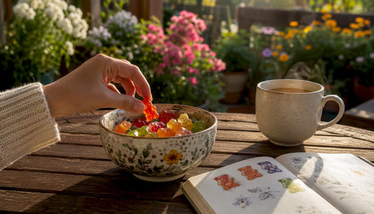 Hand selecting CBD gummy bear from jar
