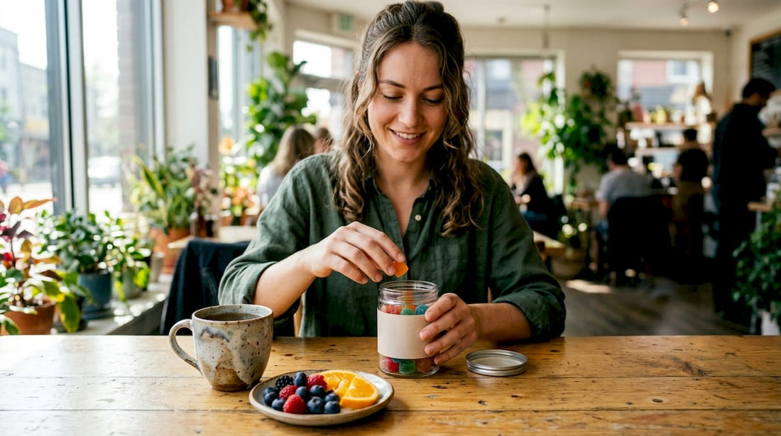 Woman opening jar of CBD gummies at kitchen table