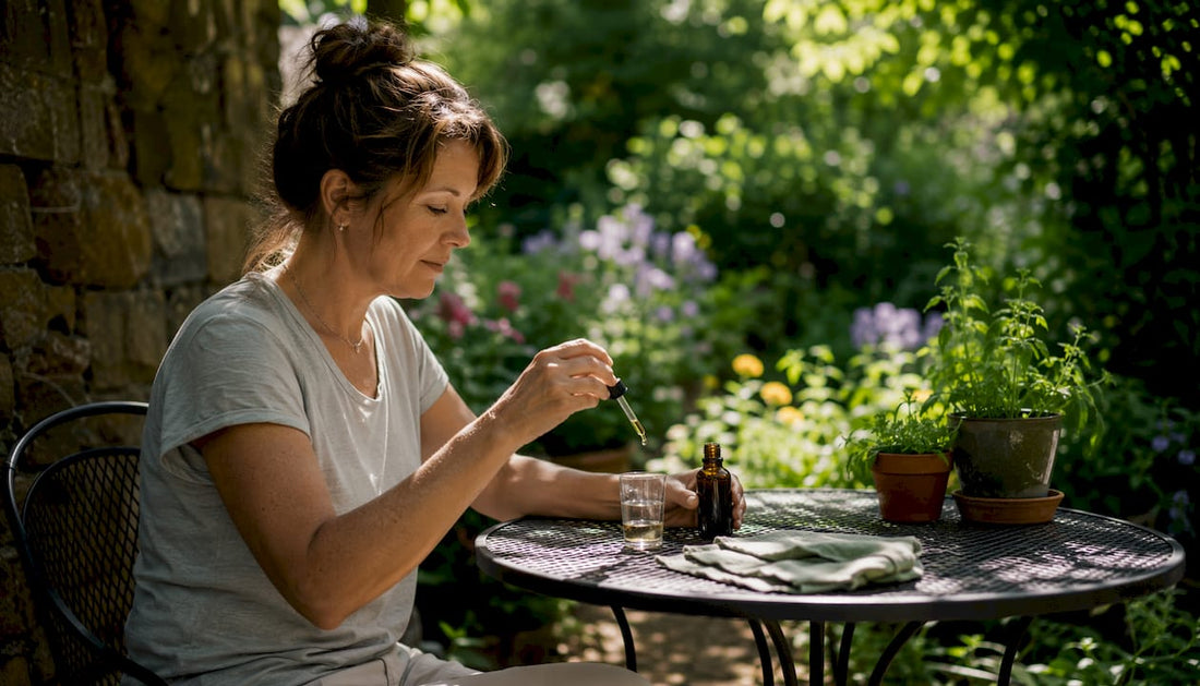 Woman measuring CBD tincture at kitchen table