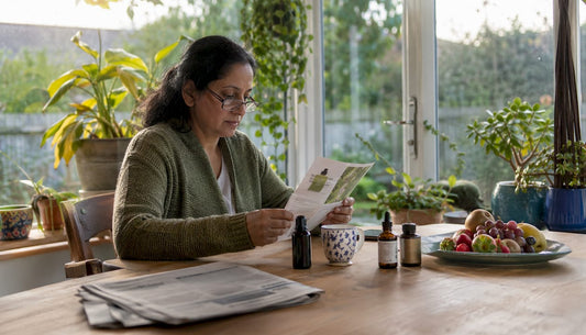 Woman reviewing CBD products at home kitchen table