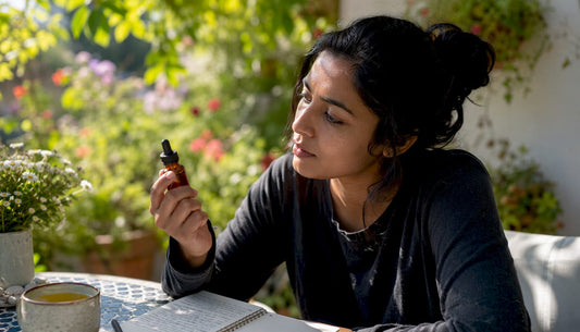 Woman examining CBD oil bottle thoughtfully