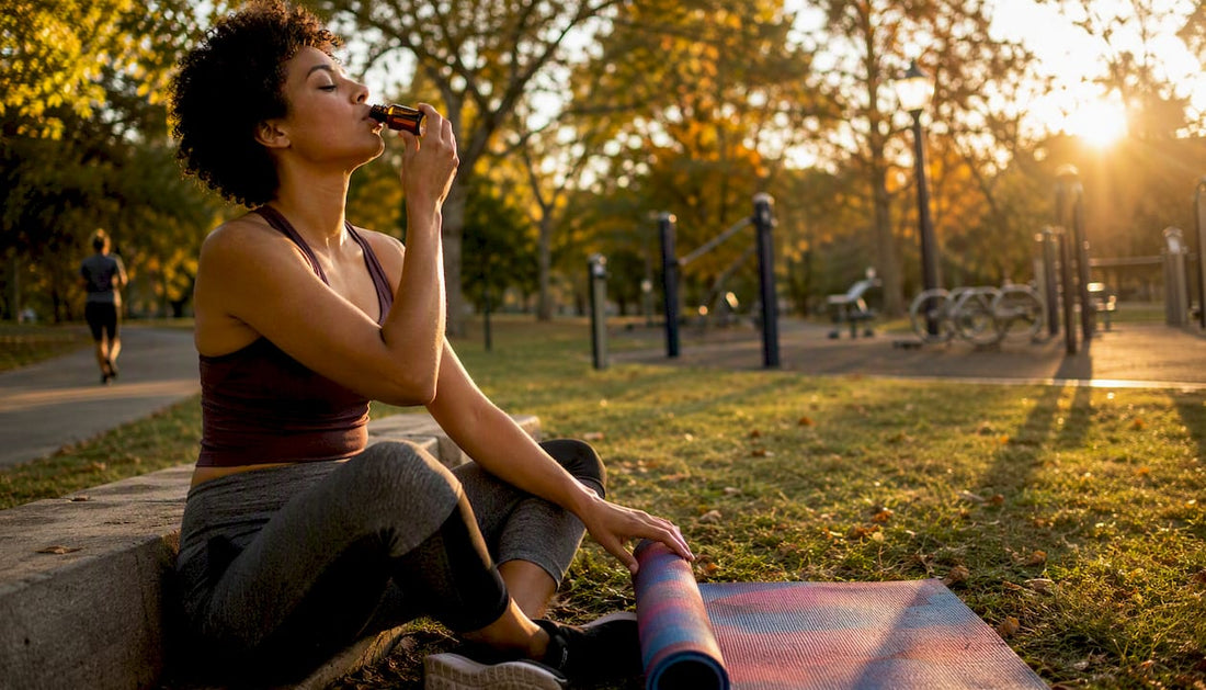 Young female athlete using CBD tincture outdoors