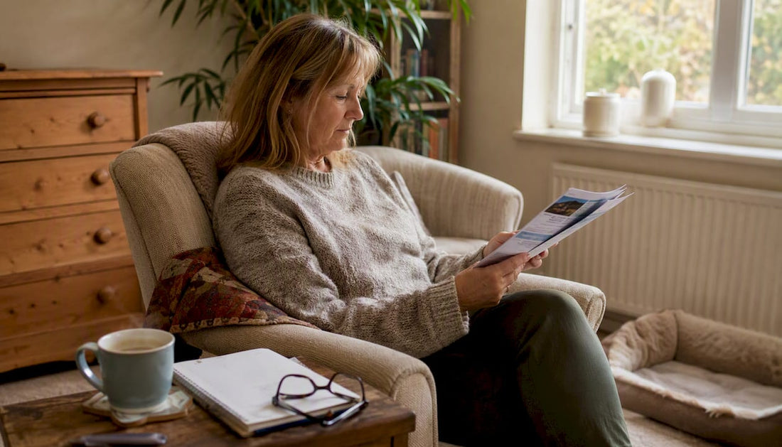 Woman reviewing hemp and prescription pain info