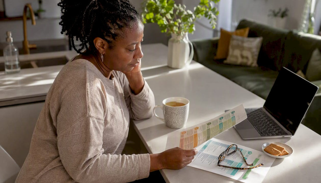 UK adult woman reviewing CBD and antidepressant information
