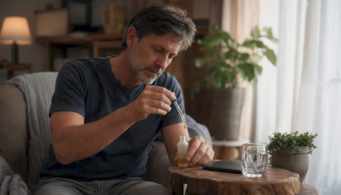 Adult preparing CBD oil dose at home