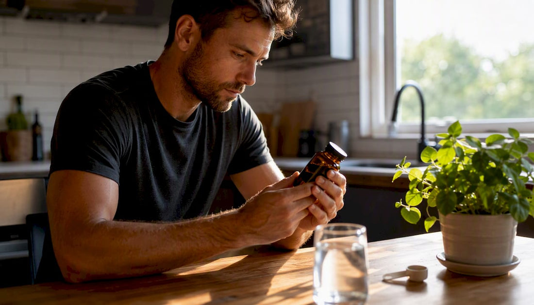 Athlete inspecting natural supplement bottle in kitchen