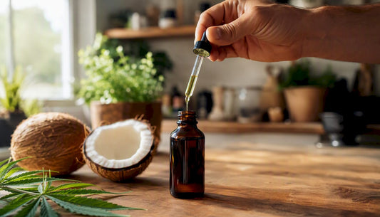 Hand pouring MCT oil into tincture bottle