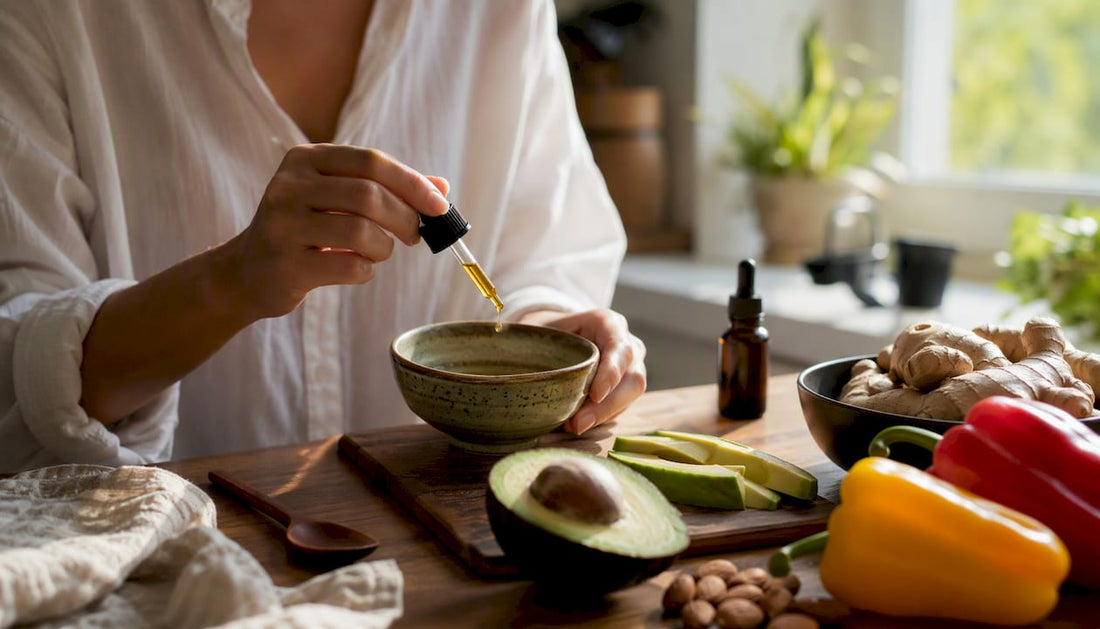 Pouring CBD oil beside anti-inflammatory foods