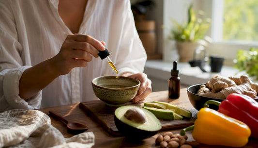Pouring CBD oil beside anti-inflammatory foods