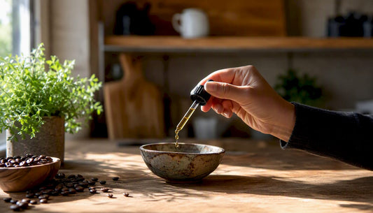 Pouring CBD oil into coffee cup