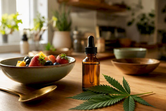 CBD oil bottle near regulatory documents on desk