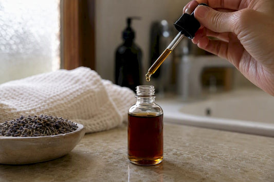 Hand holding dropper over CBD tincture bottle