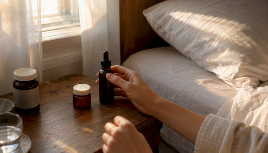 Bedside table with melatonin and CBD supplement bottles