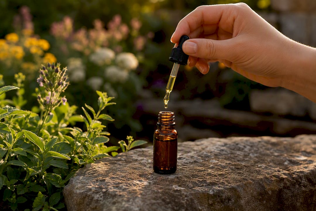 Hand holding CBD oil dropper near tincture bottle