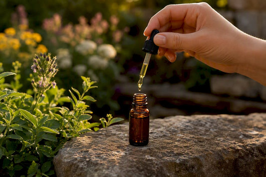 Hand holding CBD oil dropper near tincture bottle