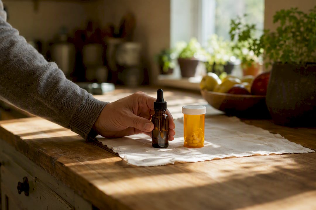 Hand placing CBD oil near prescription bottle