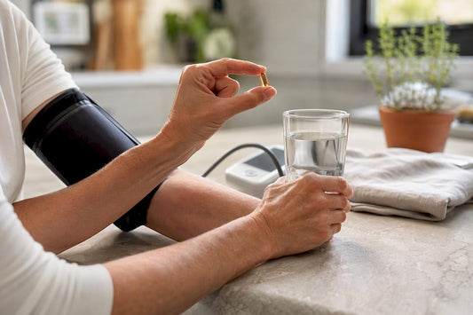 Person taking CBD capsule near blood pressure monitor