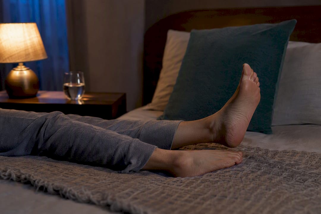 Lower legs moving restlessly beside bed