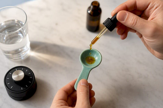 Hands measuring CBD drops into a spoon