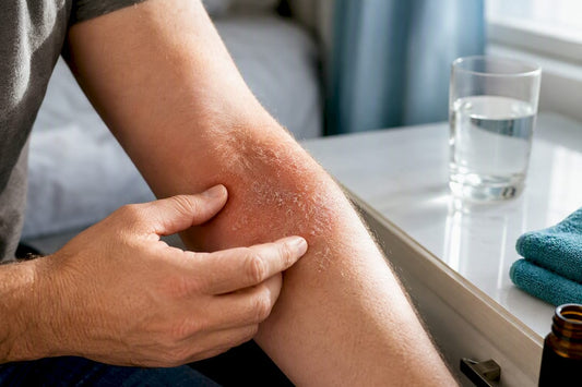 Adult examining eczema on forearm