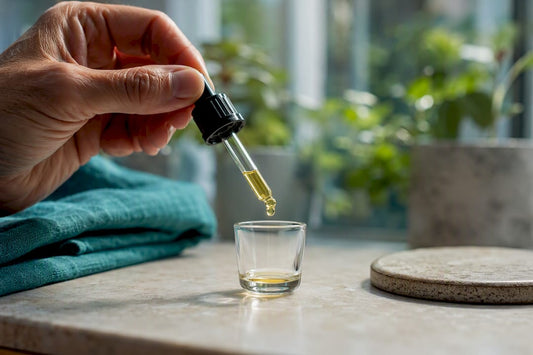 Hand measuring a CBD dose with dropper