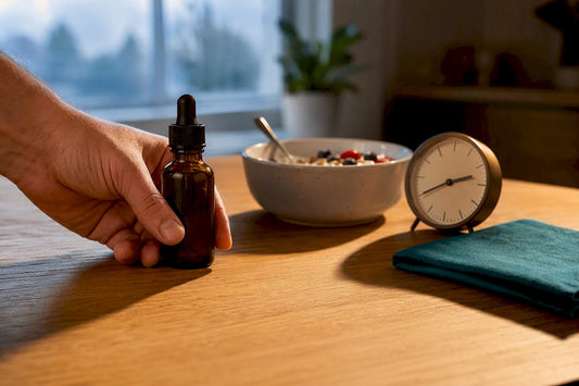 Morning CBD dosing beside breakfast and clock