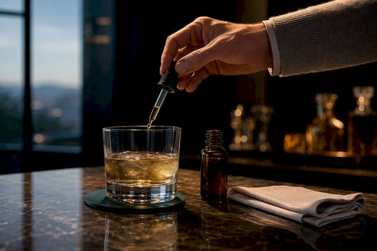 Anonymous CBD tincture beside an alcoholic drink