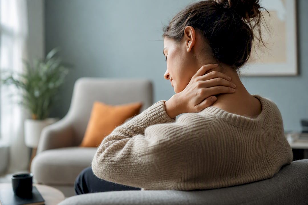 Adult massaging neck during tension headache