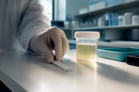 Drug screening test strip on laboratory bench