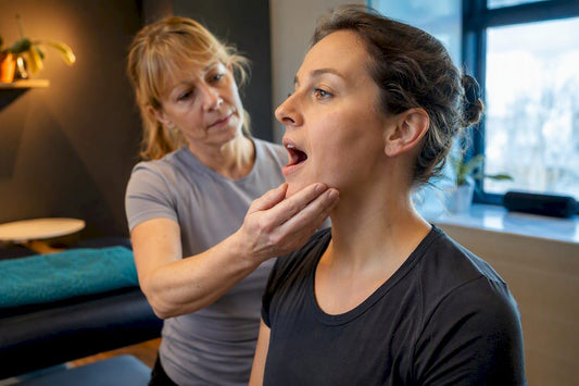 Patient performing guided jaw mobility exercise