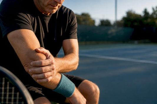 Tennis player massaging sore outer elbow