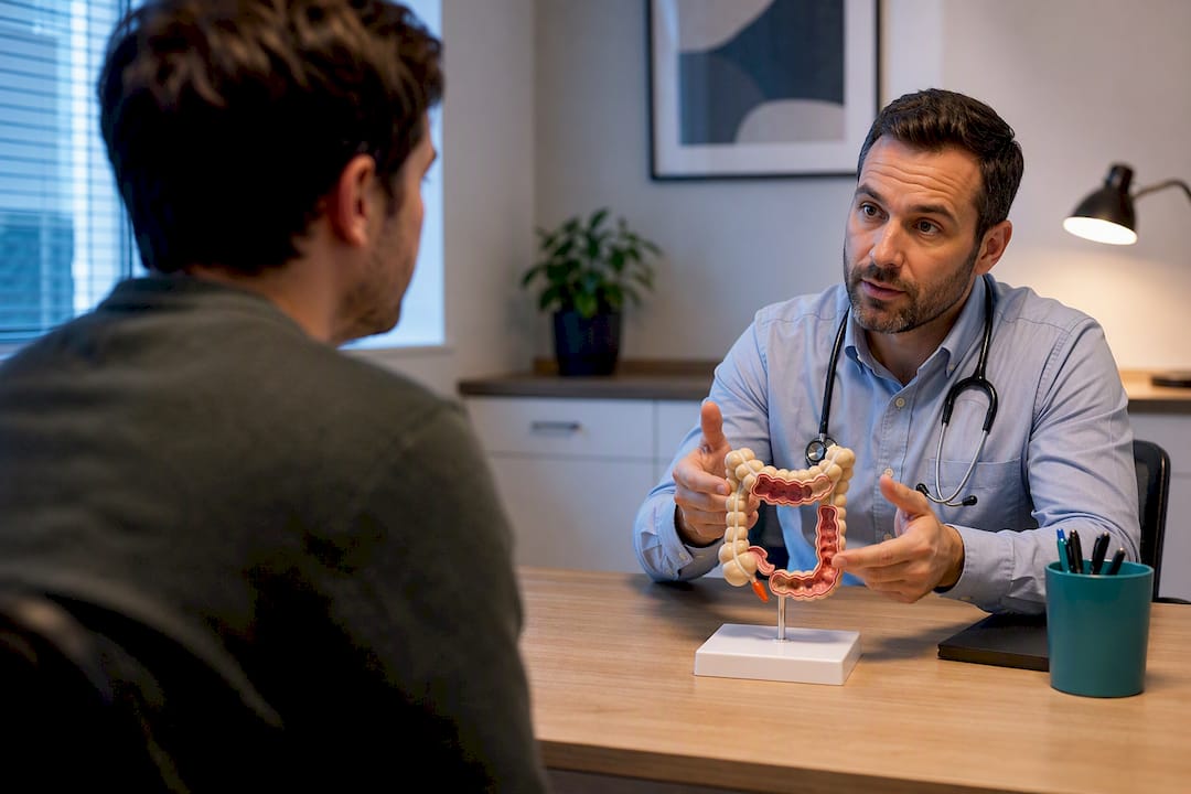 Crohn's patient discussing symptoms with clinician