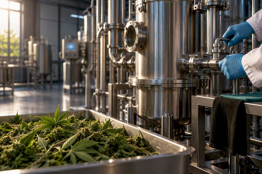 Hemp undergoing controlled extraction processing